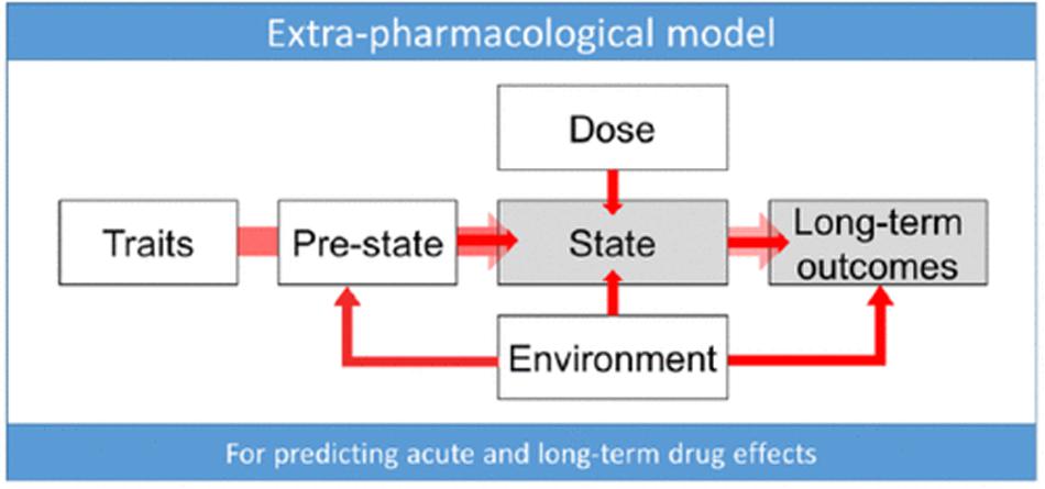 Figure 1: ‘Extra-pharmacological’ factors that can determine psychedelic drug effects (Carhart-Harris and Nutt, 2017). “Trait factors may be biological [e.g., receptor polymorphisms (Ott, 2007)] or psychological in nature [e.g., personality (MacLean et al., 2011) or suggestibility (Carhart-Harris et al., 2015)]. The pre-state refers to such things as anticipatory anxiety, expectations and assumptions (which account for so-called ‘placebo’ and ‘nocebo’ effects), and readiness to surrender resistances and ‘let go’ to the drug effects (e.g., see Russ and Elliott, 2017). In the context of psychedelic research, the pre-state is traditionally referred to as the ‘set’ (Hartogsohn, 2016). State refers to the acute subjective and biological quality of the drug experience and may be measured via subjective rating scales or brain imaging (see Roseman et al., 2017). Dose relates to the drug dosage—which may be a critical determinant of state (Griffiths et al., 2011; Nour et al., 2016)—as well as long-term outcomes (see Roseman et al., 2017). Environment relates to the various environmental influences. In the context of psychedelic research this is traditionally referred to as ‘setting’ (Hartogsohn, 2016). We recognize that the environment can be influential at all stages of the process of change associated with drug action. The long-term outcomes may include such things as symptoms of a specific psychiatric condition such as depression—measured using a standard rating scale (Carhart-Harris et al., 2016a) as well as relatively pathology-independent factors such as personality (MacLean et al., 2011) and outlook” (Carhart-Harris and Nutt, 2017, 1097).